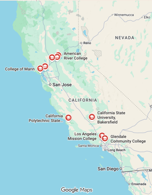 Map graphic of coastal California with red location pins marking colleges